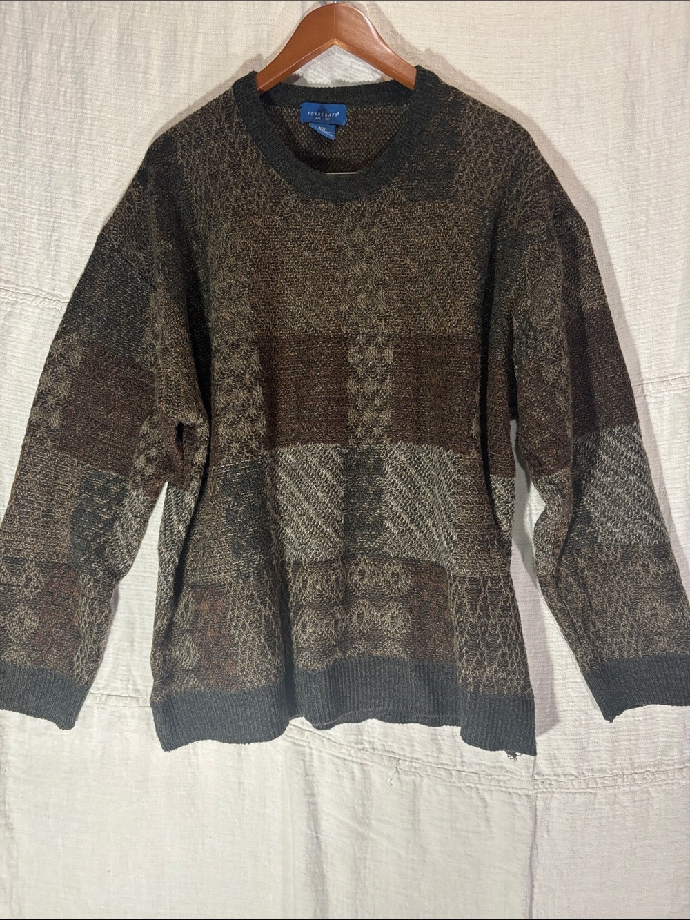 VTG Towncraft Patchwork Geometric Knit Sweater 3XL Earth Tone Grandpa Core EUC - Picture 1 of 8